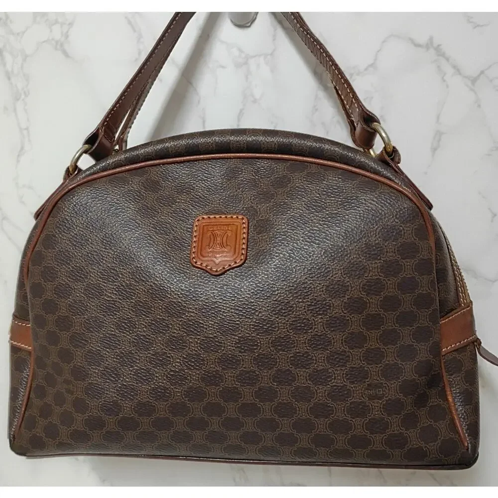 CELINE Vintage Brown Macadam Pattern Triomphe Dome Satchel w/ Dust Bag - EUC